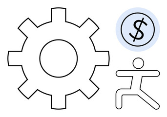 Large gear, dollar sign inside a circle, and figure in motion balancing suggest productivity, financial planning, and overall well-being. Ideal for business, economy, growth, balance efficiency