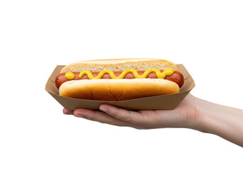 Isolated hand holding a hot dog on a paper tray ready to be eaten during lunchtime
