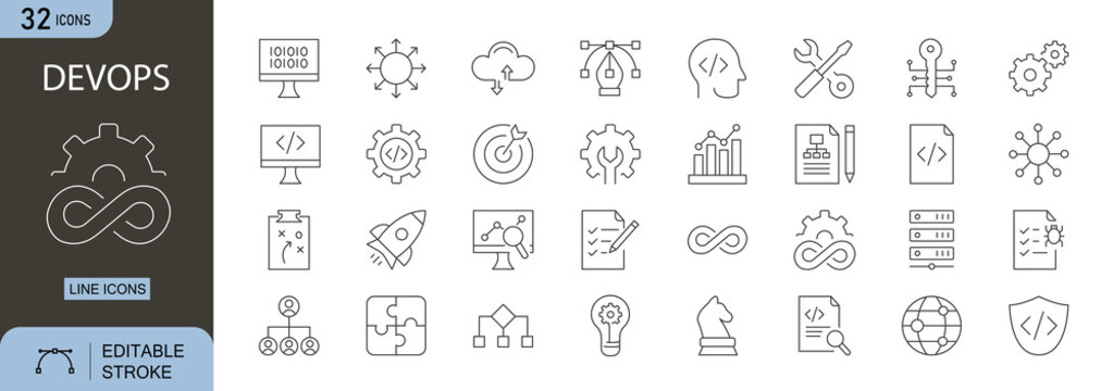 Devops icons set. Includes automation, cloud, code, CI/CD, pipeline, and server symbols. Editable stroke. Line icons. Perfect for IT, development, and infrastructure projects.