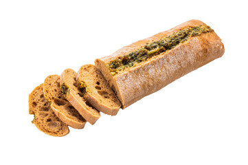 Sliced Garlic bread with herbs on table isolated on white background