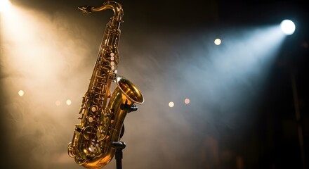 Fototapeta premium Golden Saxophone on Stage with Dramatic Spotlights and Smoky Atmosphere