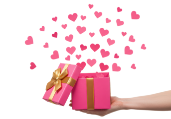 Isolated pink gift box with golden ribbon held by hand, pink hearts flying in the air