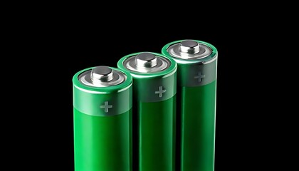 Three green cylindrical batteries on black background