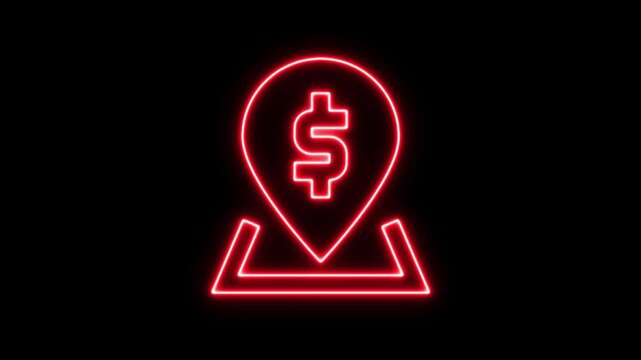 Neon line location Pin icon with a dollar sign jumps in place. Useful for location based services, financial apps, or business delivery videos, Location map pointer with dollar icon animation