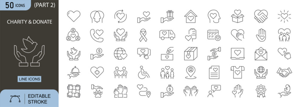 Charity icons set. Includes donation, heart, care, volunteer, support, fund, and community symbols. Editable stroke. Line icons. Perfect for NGOs, fundraising, and social welfare projects.