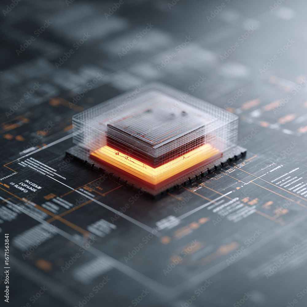 Poster futuristic microchip with a glowing core on complex circuit board. symbolizes innovation, high techn