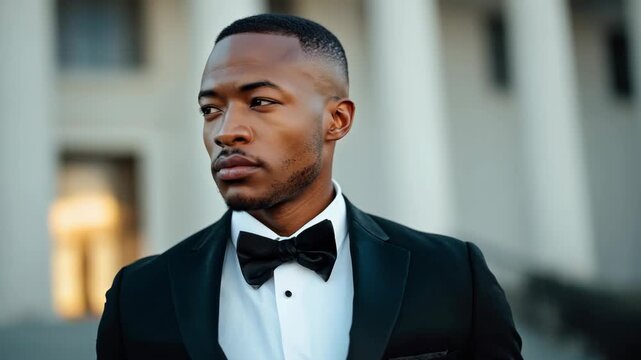 Man in tuxedo looking away, elegant portrait. Well-groomed, stylish attire, formal fashion. Classic style for events, looking dapper, clean cut. Sophisticated aesthetic.