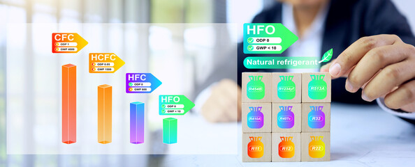 Low ODP ozone depletion potential GWP concept with businessman arrange wooden block to selecting...