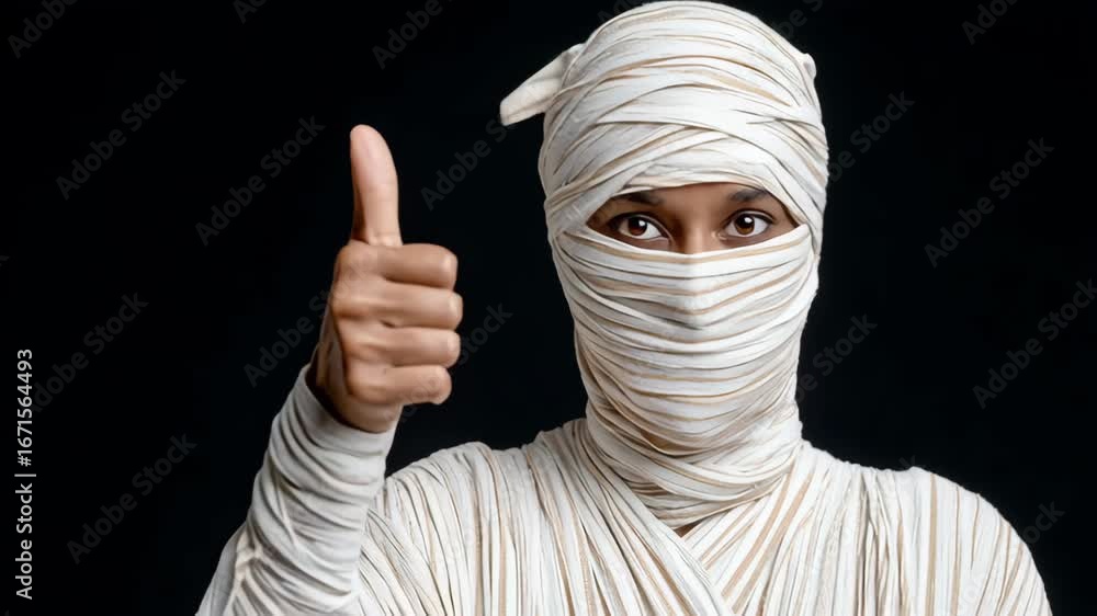 Poster individual dressed in layered fabric wraps, confidently displaying a thumbs-up gesture, showcasing a