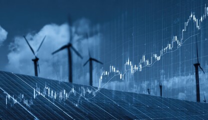 Wind turbines and solar panels overlaid with financial charts