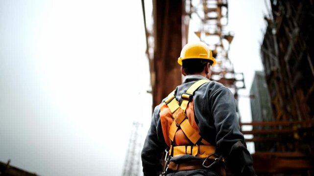 Construction worker in hard hat and safety harness inspecting framework of a building construction site; worker is facing away from the camera.