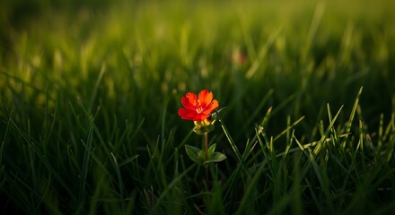 Vibrant red flower blooming in a lush green field under sunlight.