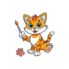 Playful kitten with paintbrush creating colorful paw prints art