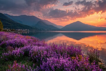Vibrant sunset over calm lake, reflected in water, purple wildflowers foreground