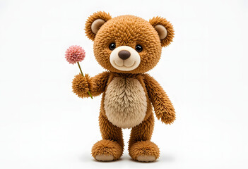 Obraz premium A charming 3D teddy bear plush toy holding a small pink flower, with a realistic soft texture on a clean white background.