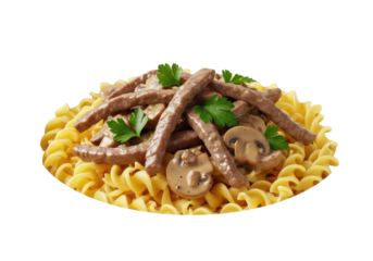 Macro shot of beef stroganoff with creamy mushroom sauce, yellow egg noodles, and parsley in a white bowl on a transparent studio background, sophisticated culinary comfort