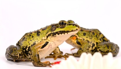 Fototapeta premium Two green frogs posed closely together against a white background with a blurry white flower in the foreground