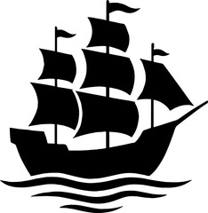 Old Wooden Sailing Ship with Three Masts - Vintage Silhouette Art With White Background 