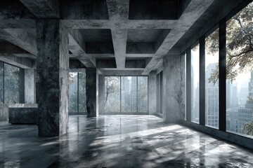 Sunlit, empty concrete room with large windows overlooking a cityscape and trees