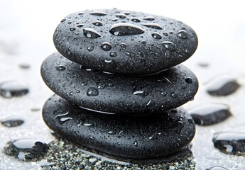 Photo of wet black spa stones stacked together, representing relaxation, balance, and spa therapy