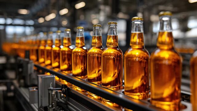 Production line of glass bottles filled with liquid. Automated manufacturing process of beverages or other bottled goods moving along a conveyor belt.