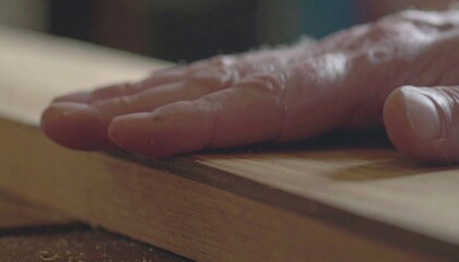 Close-up of a hand smoothing a wooden plank