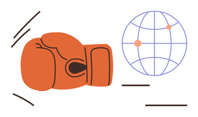 Orange boxing glove and globe with network lines and nodes symbolize competition, global challenges, strategy, and ambition. Ideal for sports, teamwork, conflict resolution, business strategy