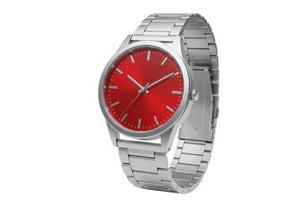 Isolated wrist watch with red face and silver band showing time in elegant style concept