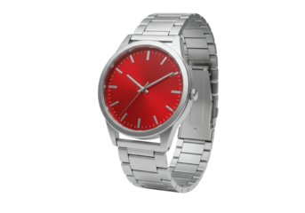 Isolated wrist watch with red face and silver band showing time in elegant style concept