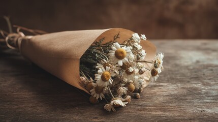 Vintage bouquet of dried daisies wrapped in brown paper on wood, ideal for wedding invitations, floral shop marketing, nostalgic stationery designs

