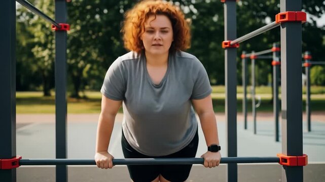 A woman performs bodyweight dips on parallel bars at an outdoor sports ground, demonstrating upper body strength and fitness motion footage.