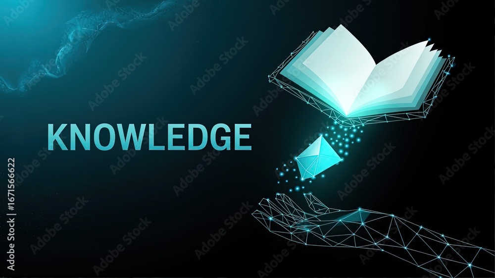 Poster digital knowledge: a creative concept featuring an open book emitting data packets, symbolizing info