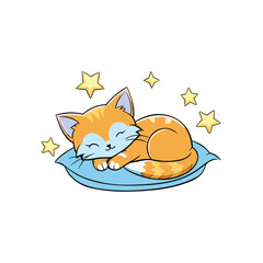 Adorable sleeping kitten peacefully resting on a soft pillow surrounded by twinkling stars