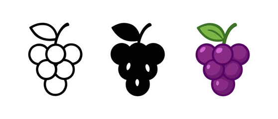 Grapes icons set: colorful flat, outline, and silhouette styles