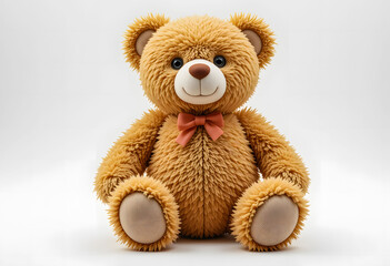 Obraz premium A charming 3D rendering of a full-body teddy bear plushie wearing a classic bow tie, showcasing its incredibly realistic and fluffy texture against a clean white background.