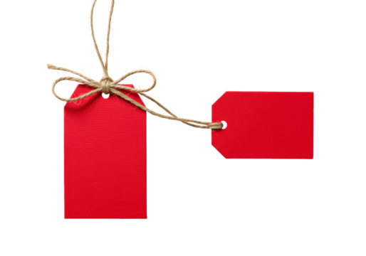 Isolated Red Gift Tags Tied Together with Cord or Twine, Retail Price Labels for Commerce