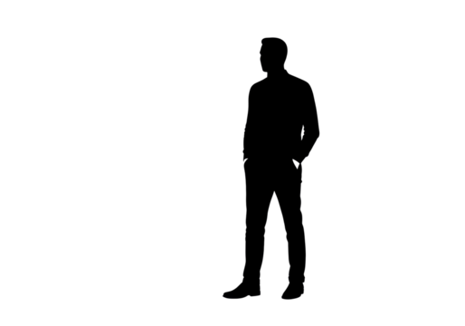 Isolated businessman with hands in pockets standing in a relaxed pose looking away