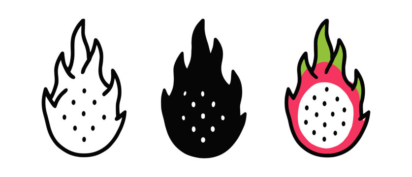 Creative dragon fruit icons with flame designs in minimalist style