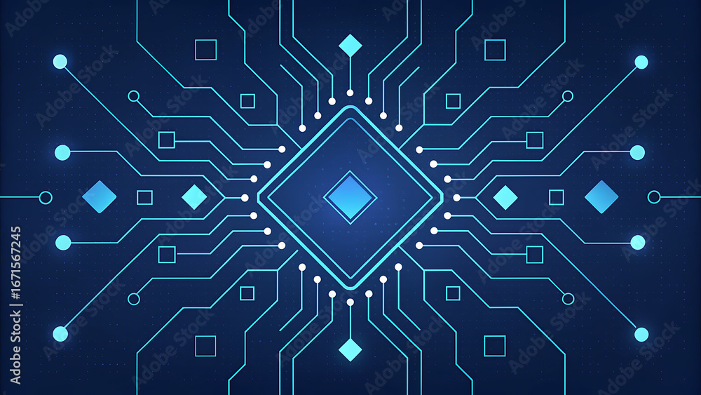 Poster symmetrical digital circuit board with square and diamond elements technology
