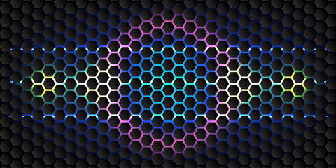 Neon Hexagon Honeycomb Futuristic Technology Pattern Background.