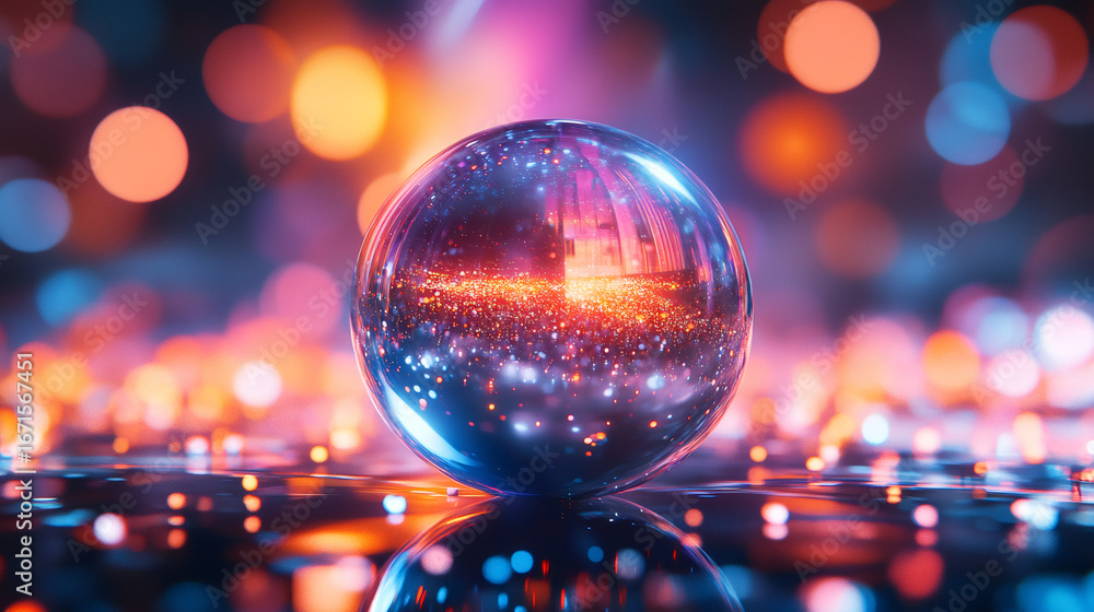 Poster shiny glass sphere reflecting vibrant bokeh lights. futuristic abstract background. digital magic or
