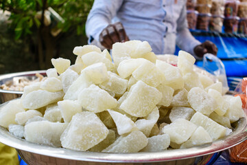 Heap of Crystallized Sweet Cubes Known as Pethha in India on Display at Outdoor Market