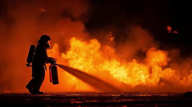 Firefighter battling flames: A brave firefighter stands silhouetted against a raging inferno, bravely fighting to control the conflagration with focused determination, representing valor, crisis.