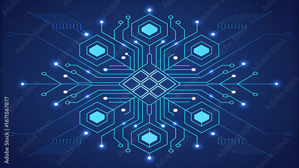 Poster futuristic digital circuit board snowflake pattern with glowing nodes technology