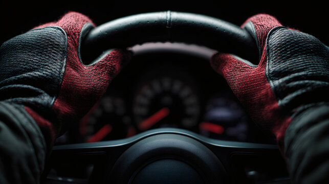 Man hands in racing gloves on a steering wheel. Close up shot of driver controlling car. Motorsports concept.