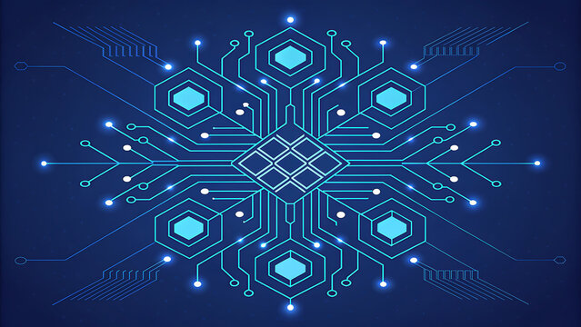 Futuristic digital circuit board snowflake pattern with glowing nodes technology