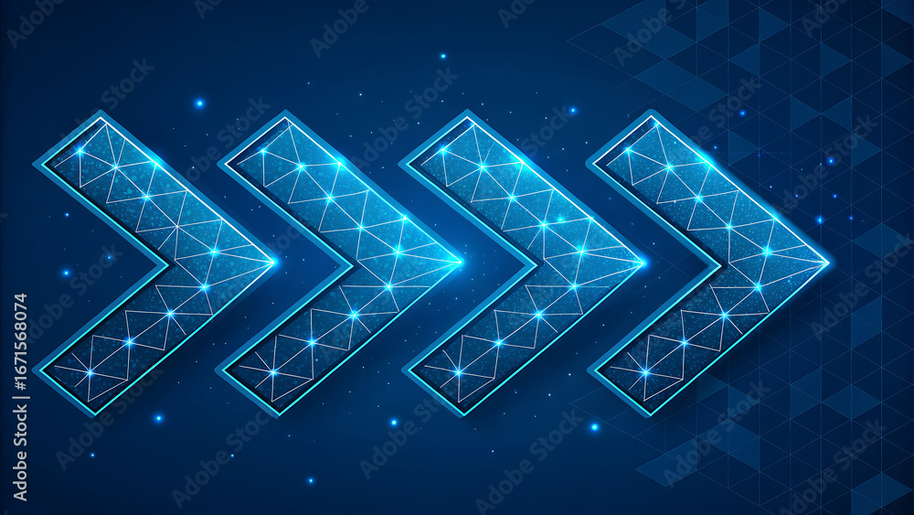 Poster futuristic blue arrows moving forward with digital network pattern movement direction