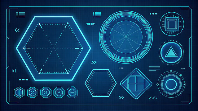 Futuristic Blue Digital HUD Interface with Geometric Shapes and Data Displays technology