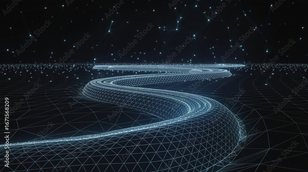 Poster digital highway: this image showcases a glowing digital path winding its way through a futuristic la