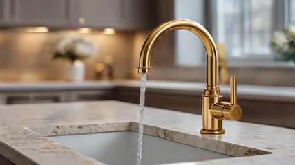 Modern kitchen with elegant gold faucet demonstrating water flow and luxurious design elements